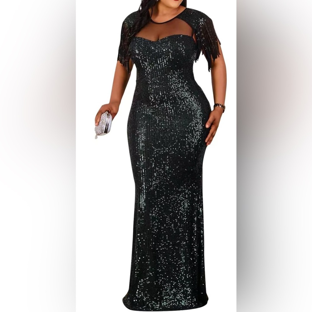 Sexy Sequins Mesh Tassles Long Black Evening Gown